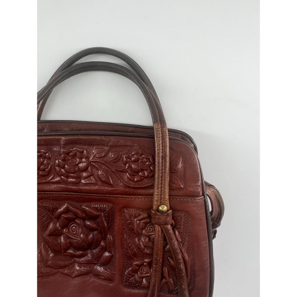 Vtg Aztec Hand Tooled Brown Leather Satchel Purse Mexico Mayan Boho Bag Roses - Picture 13 of 16